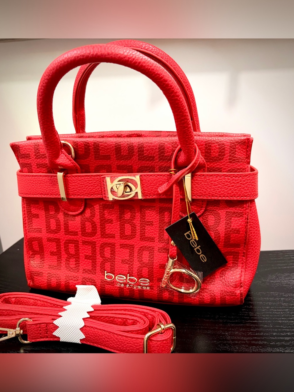 bebe Red Logo Jacquard Satchel with Gold Accents - Picture 1 of 7